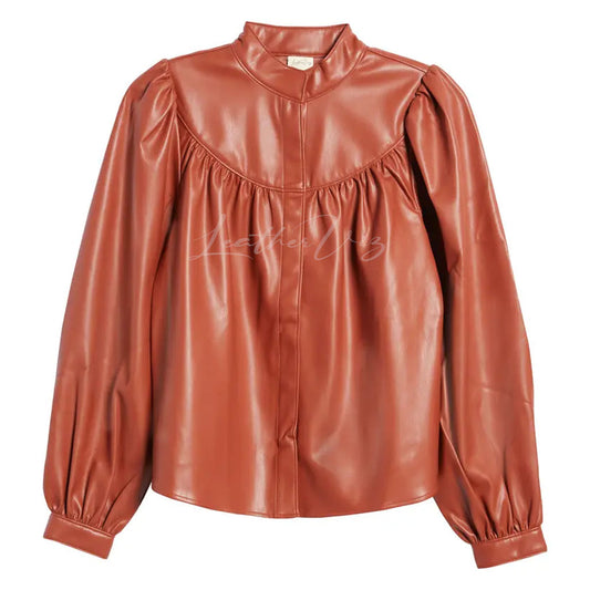 PUFF SLEEVES FAUX LEATHER SHIRT FOR WOMEN