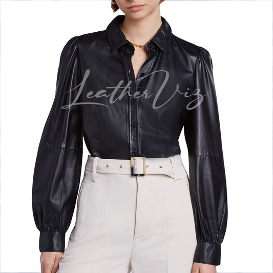 PUFF SLEEVES WOMEN BLACK LEATHER SHIRT