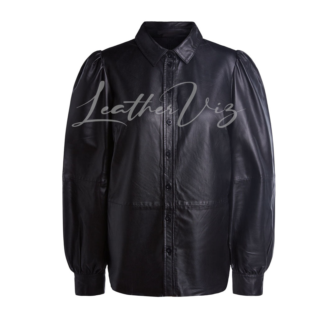 PUFF SLEEVES WOMEN BLACK LEATHER SHIRT