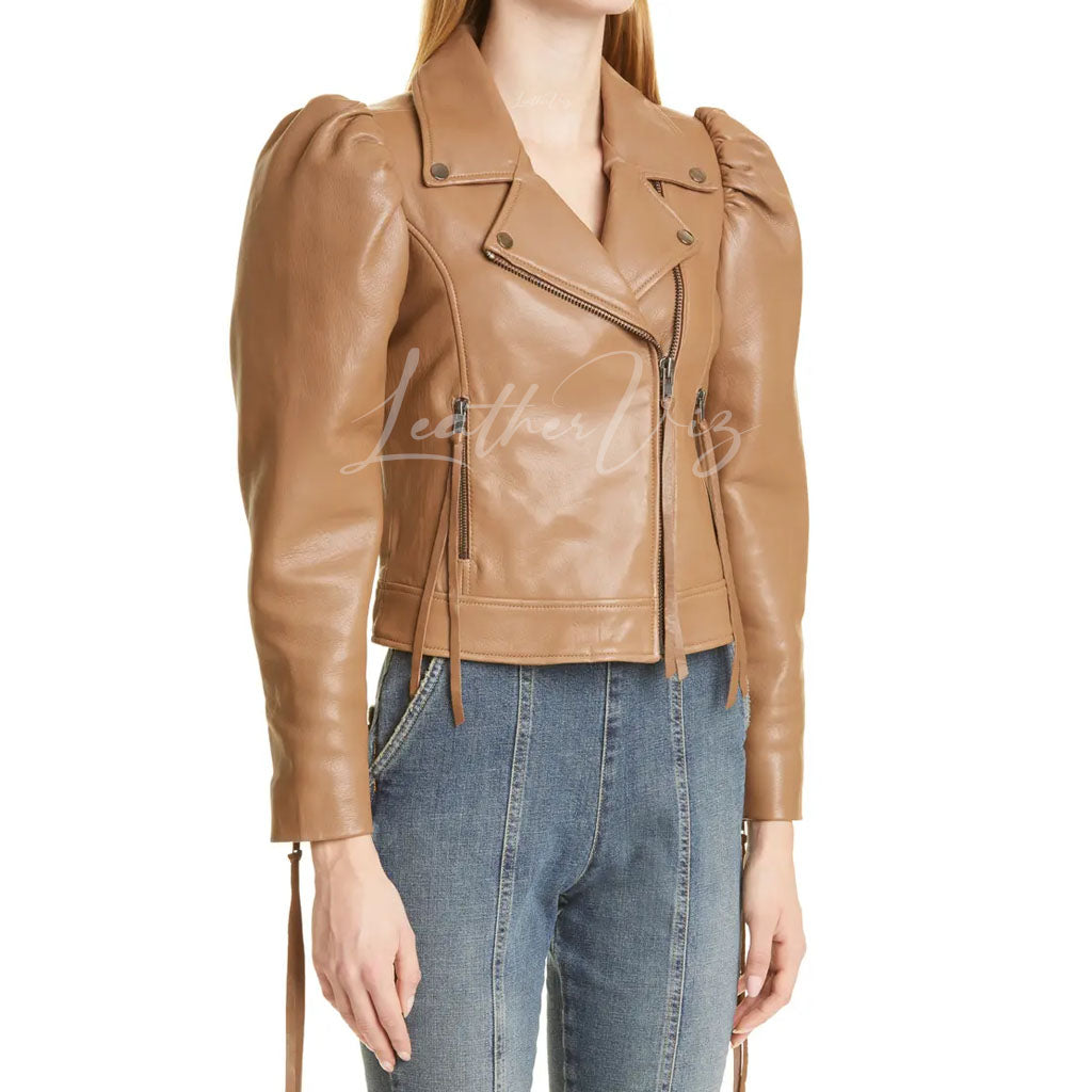 PUFF SLEEVES WOMEN MOTO LEATHER JACKET