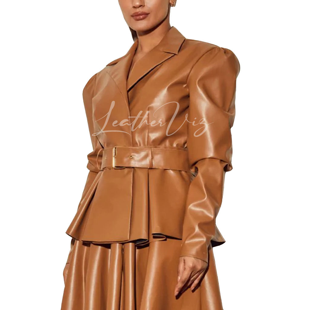 PUFF SLEEVES WOMEN PEPLUM LEATHER JACKET