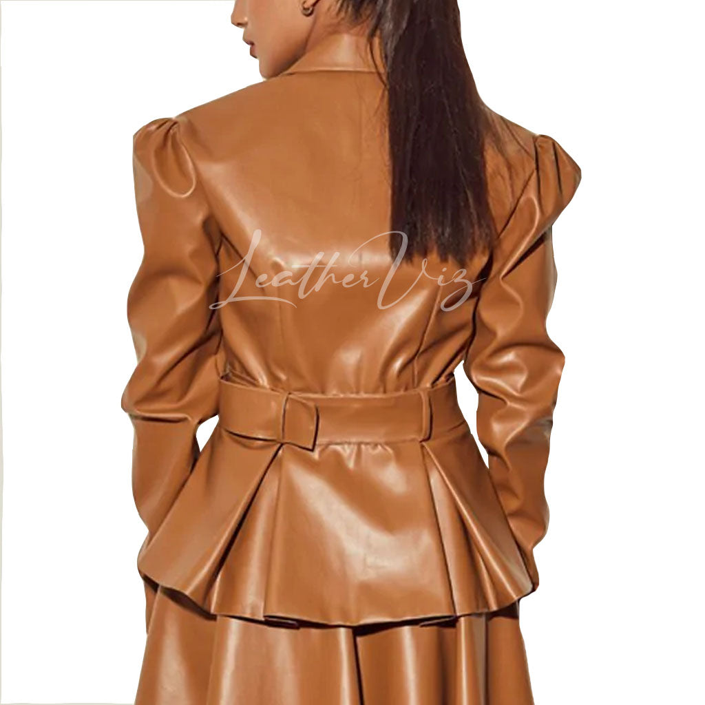 PUFF SLEEVES WOMEN PEPLUM LEATHER JACKET