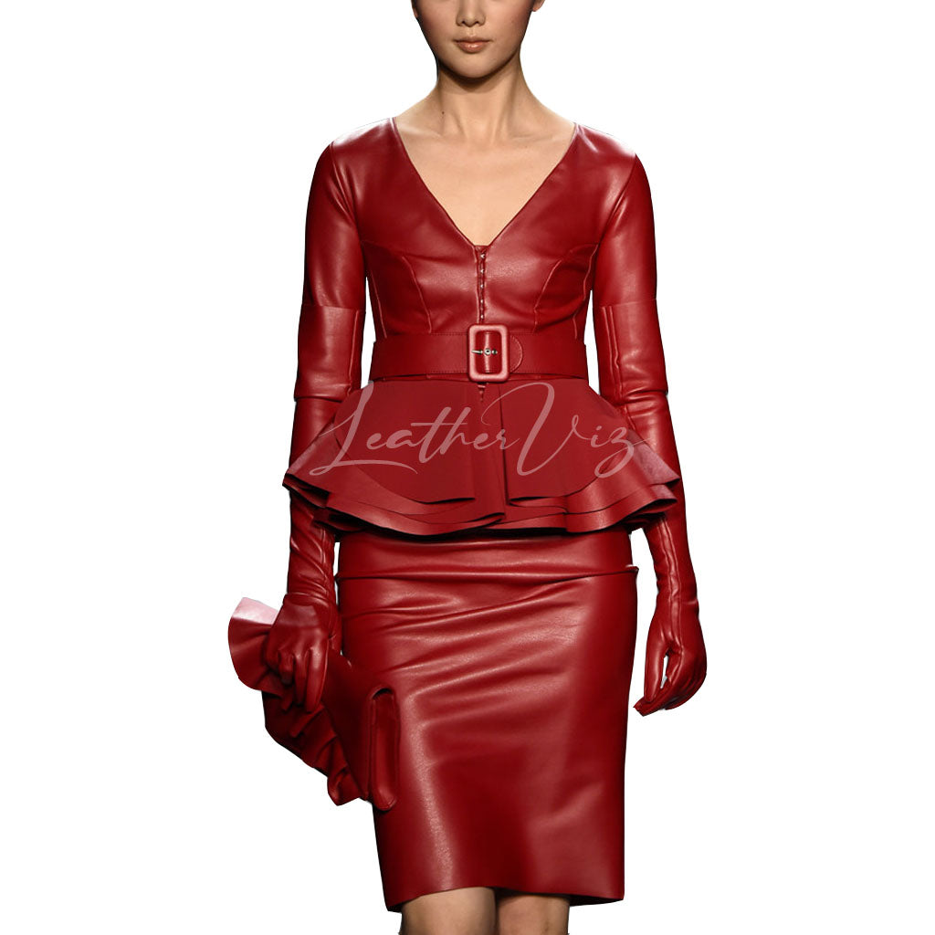 PUPLEM STYLE WOMEN RED LEATHER DRESS