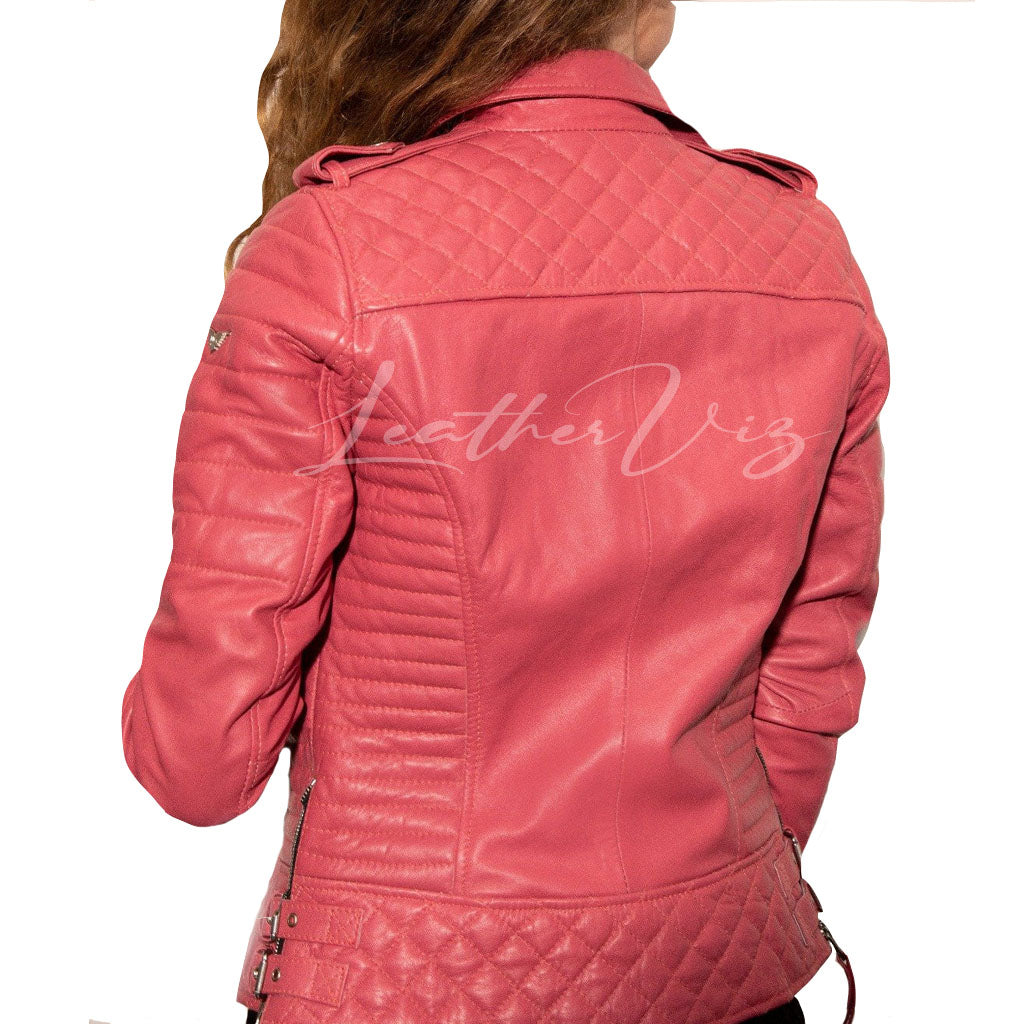 QUILTED PINK LEATHER MOTORCYCLE JACKET
