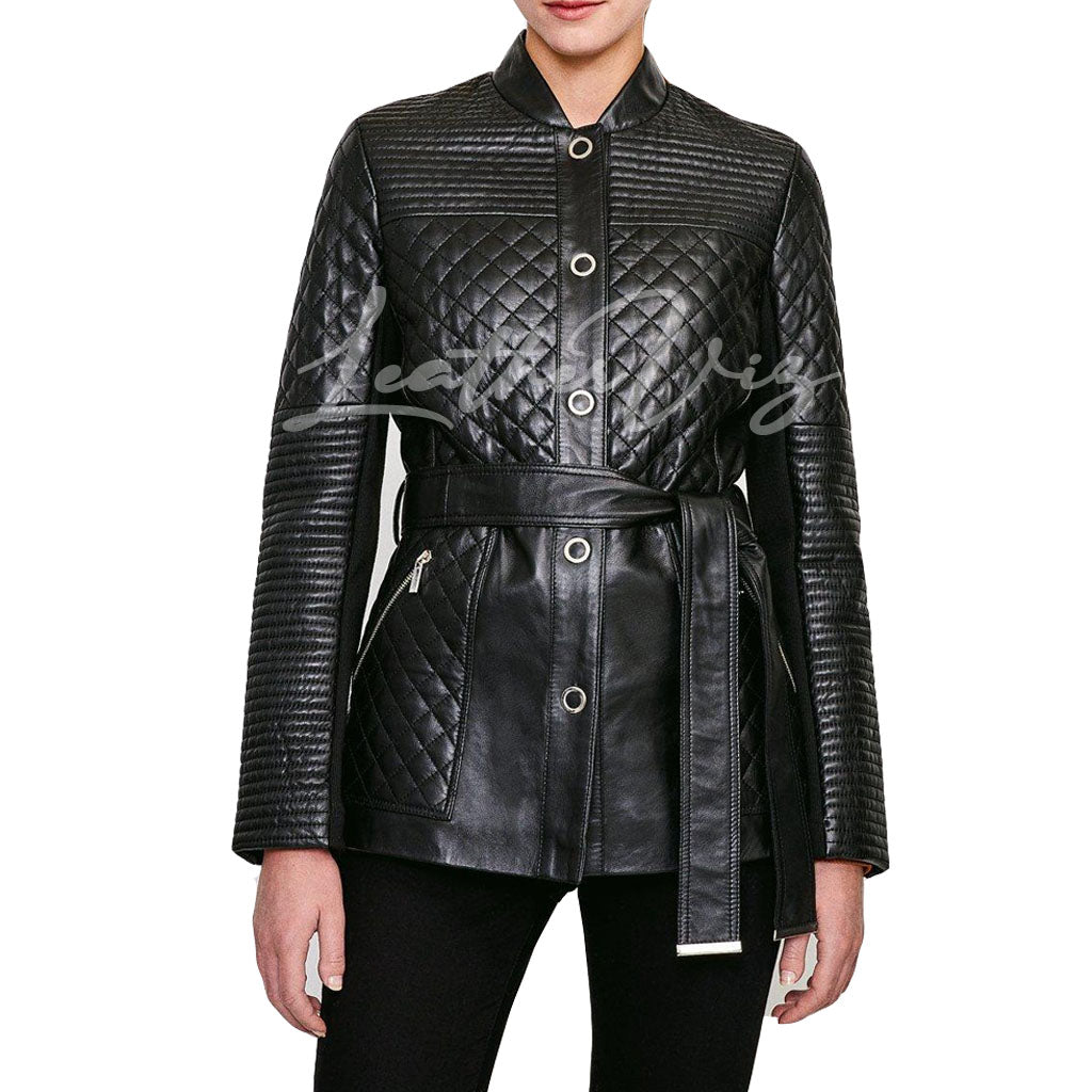 QUILTED STYLE WOMEN BELTED LEATHER COAT