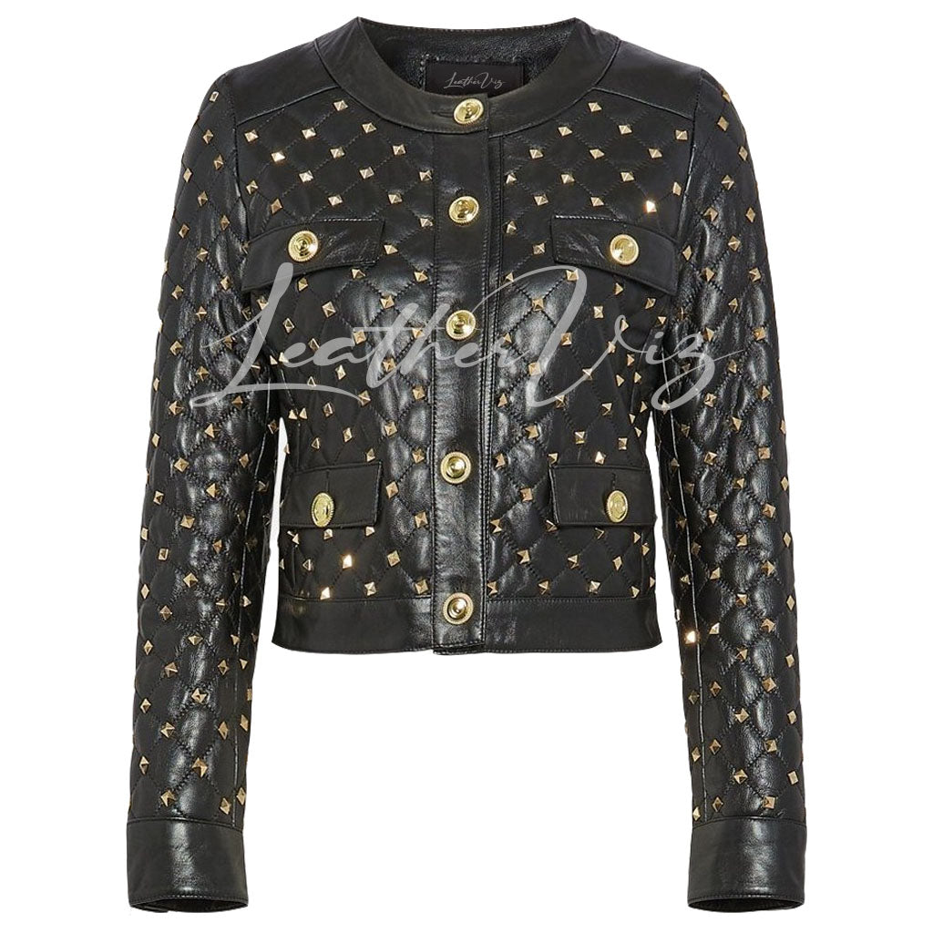 QUILTED STYLE WOMEN STUDDED LEATHER BIKER JACKET