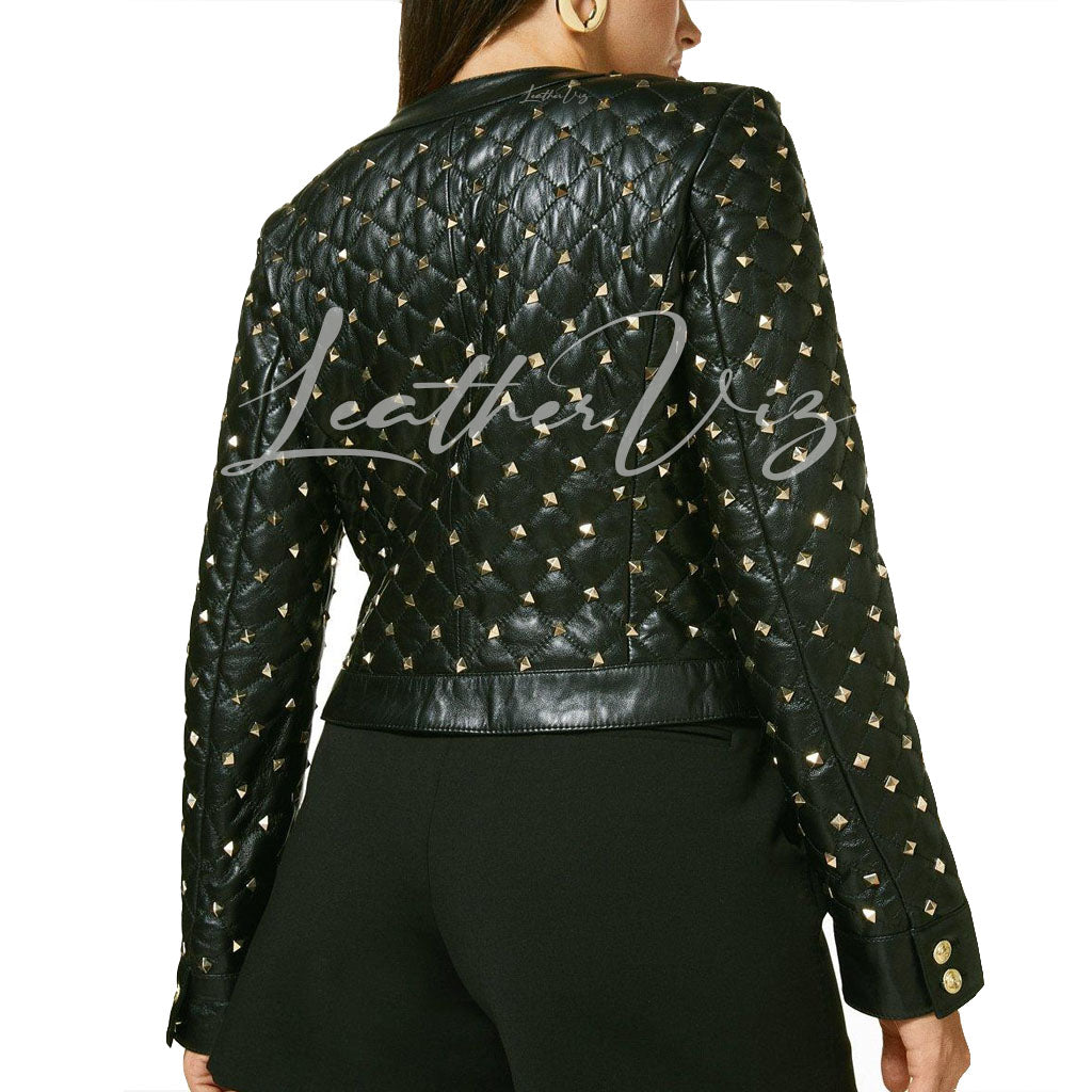 QUILTED STYLE WOMEN STUDDED LEATHER BIKER JACKET