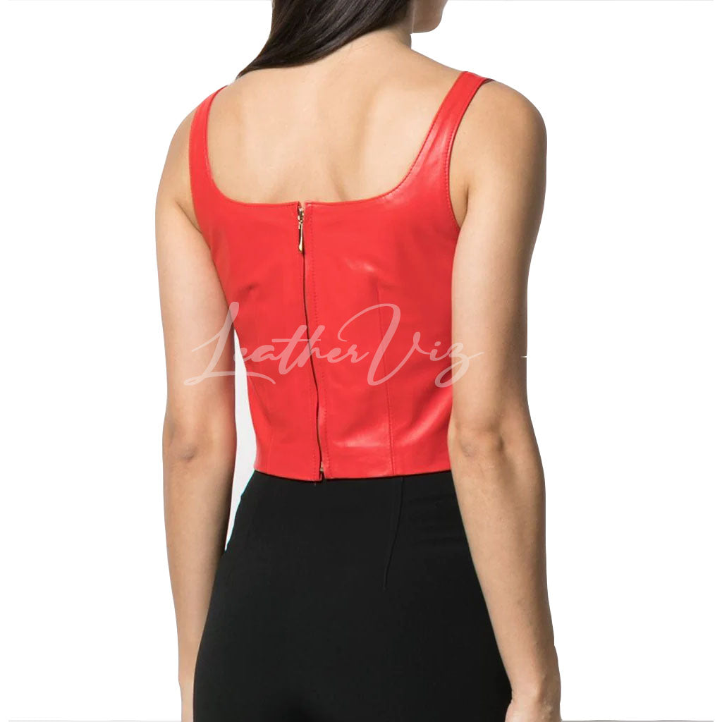 RED LEATHER CROPPED BODICE TOP