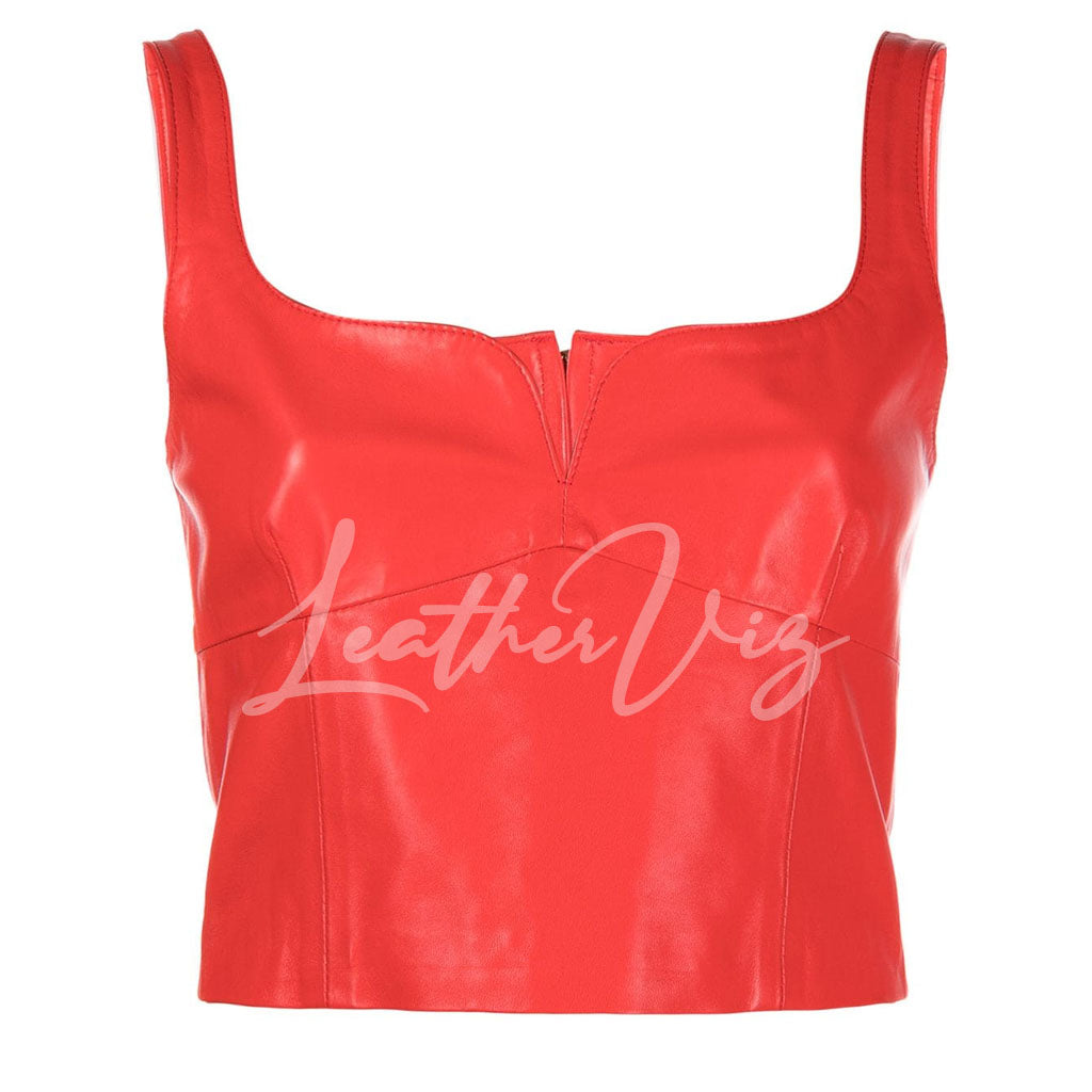 RED LEATHER CROPPED BODICE TOP