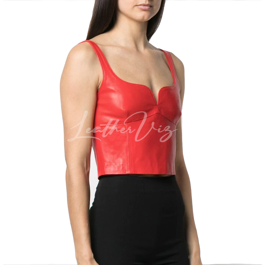 RED LEATHER CROPPED BODICE TOP