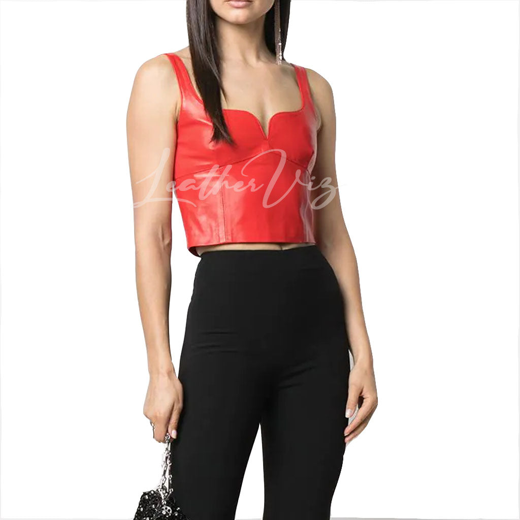 RED LEATHER CROPPED BODICE TOP