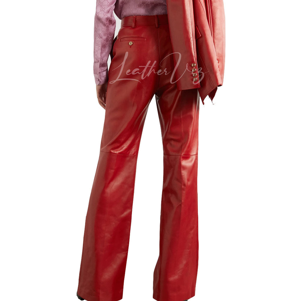 RED LEATHER STRAIGHT-LEG PANTS FOR WOMEN