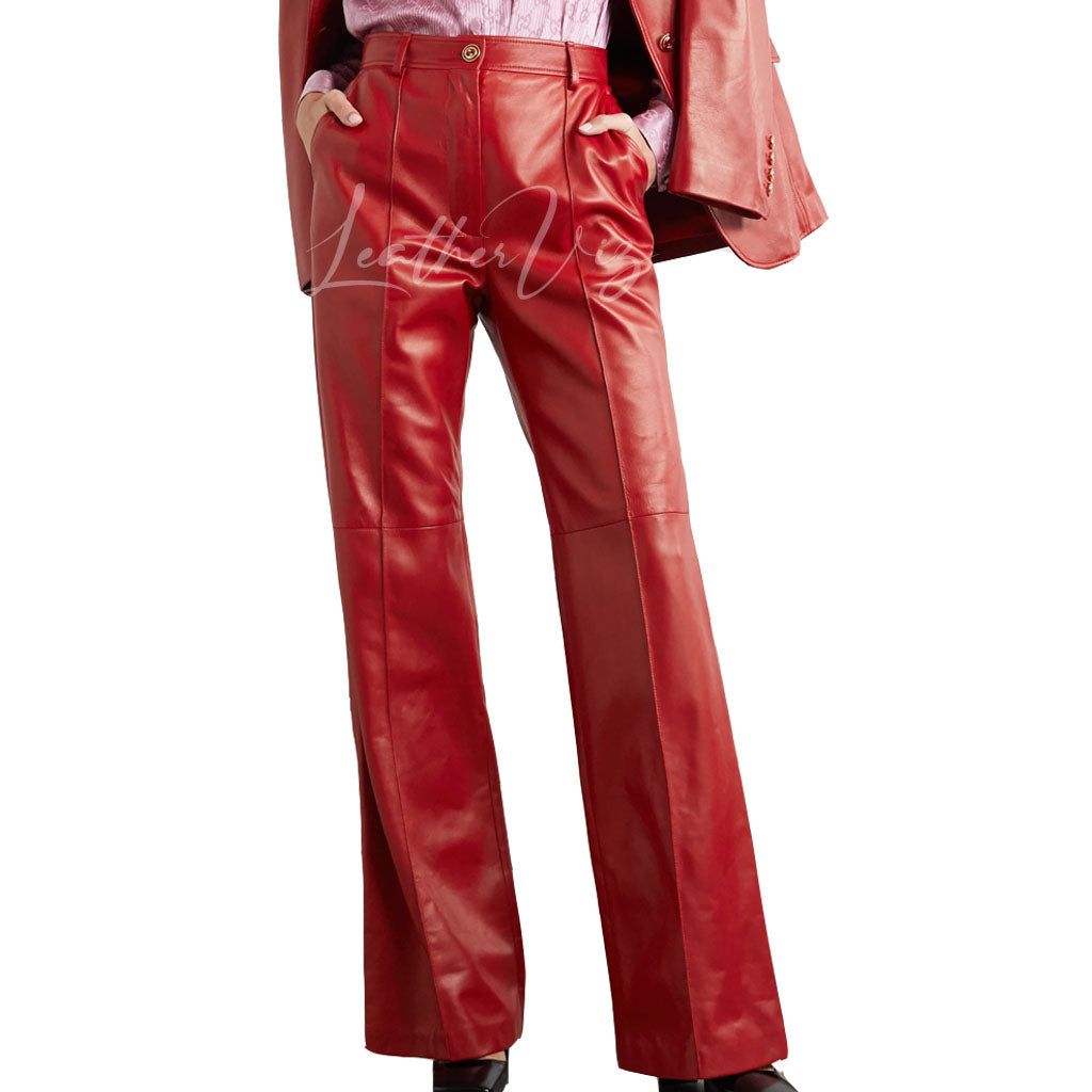 RED LEATHER STRAIGHT-LEG PANTS FOR WOMEN