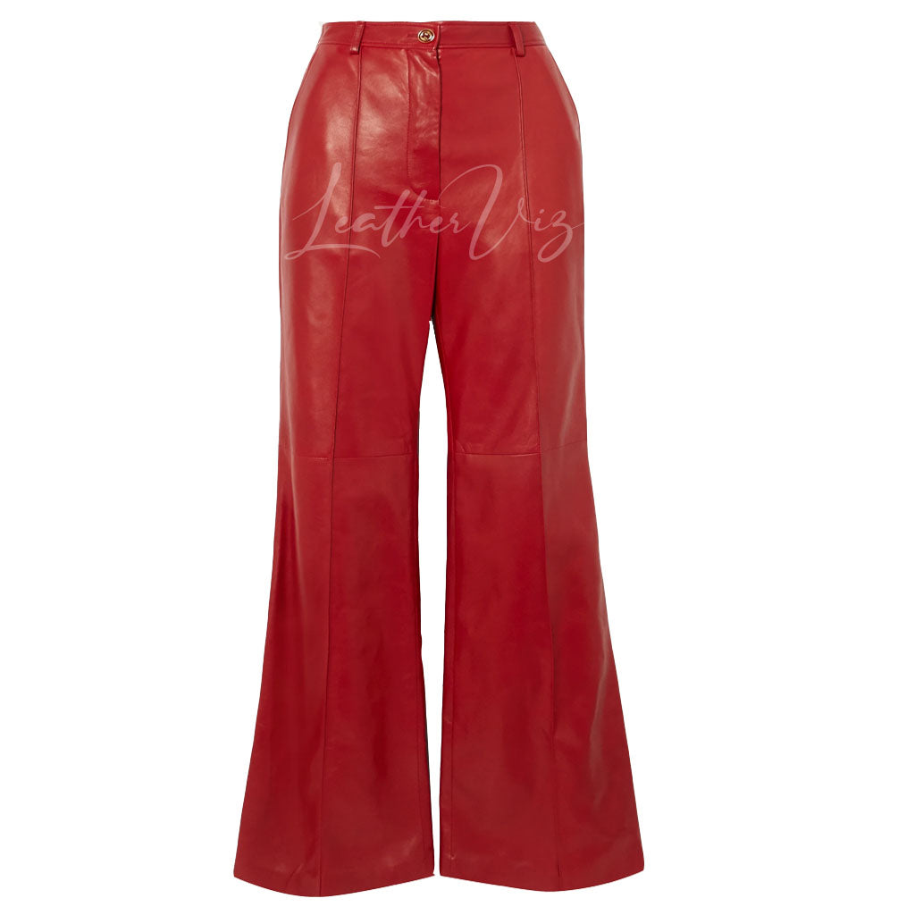 RED LEATHER STRAIGHT-LEG PANTS FOR WOMEN
