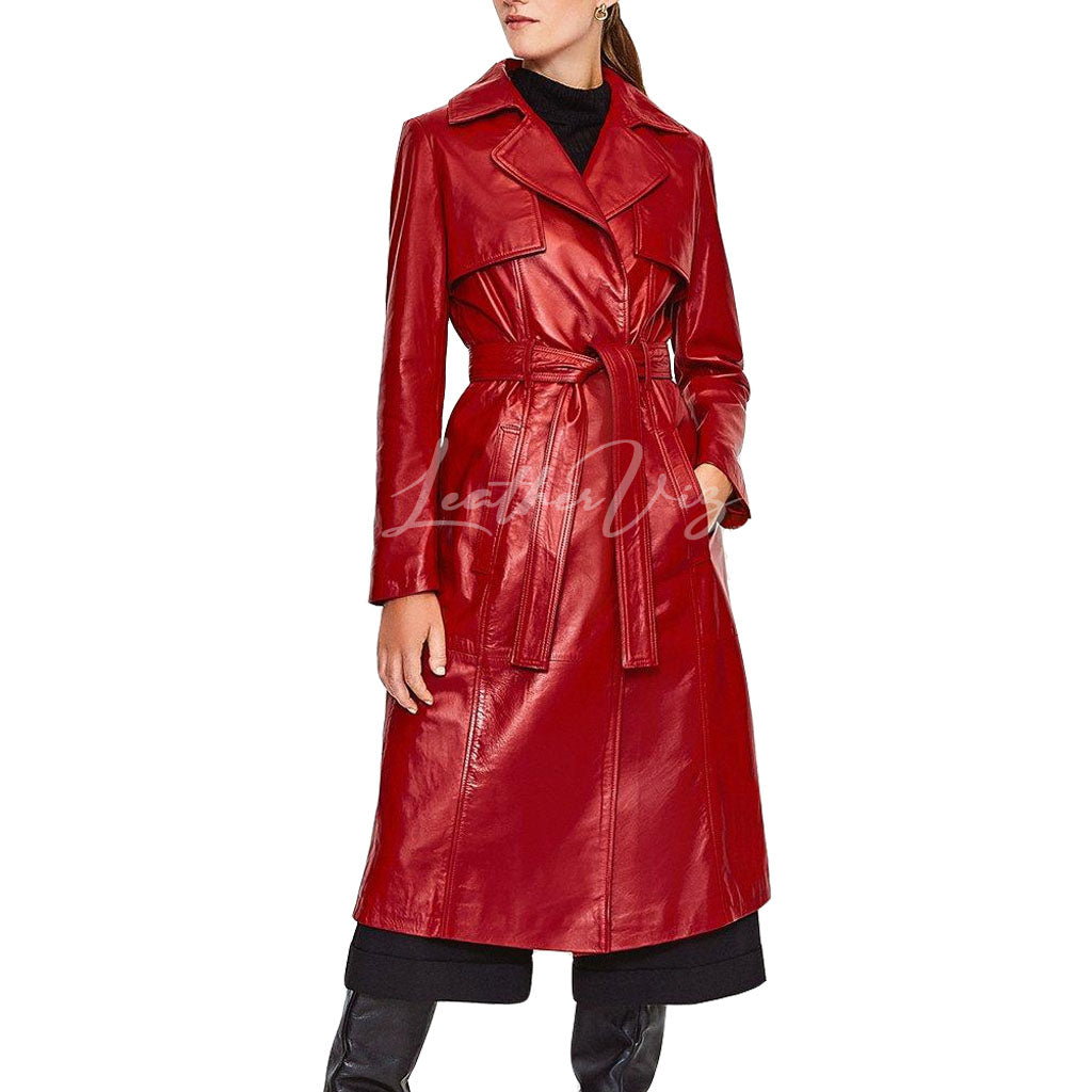 RED LEATHER TRENCH COAT FOR WOMEN