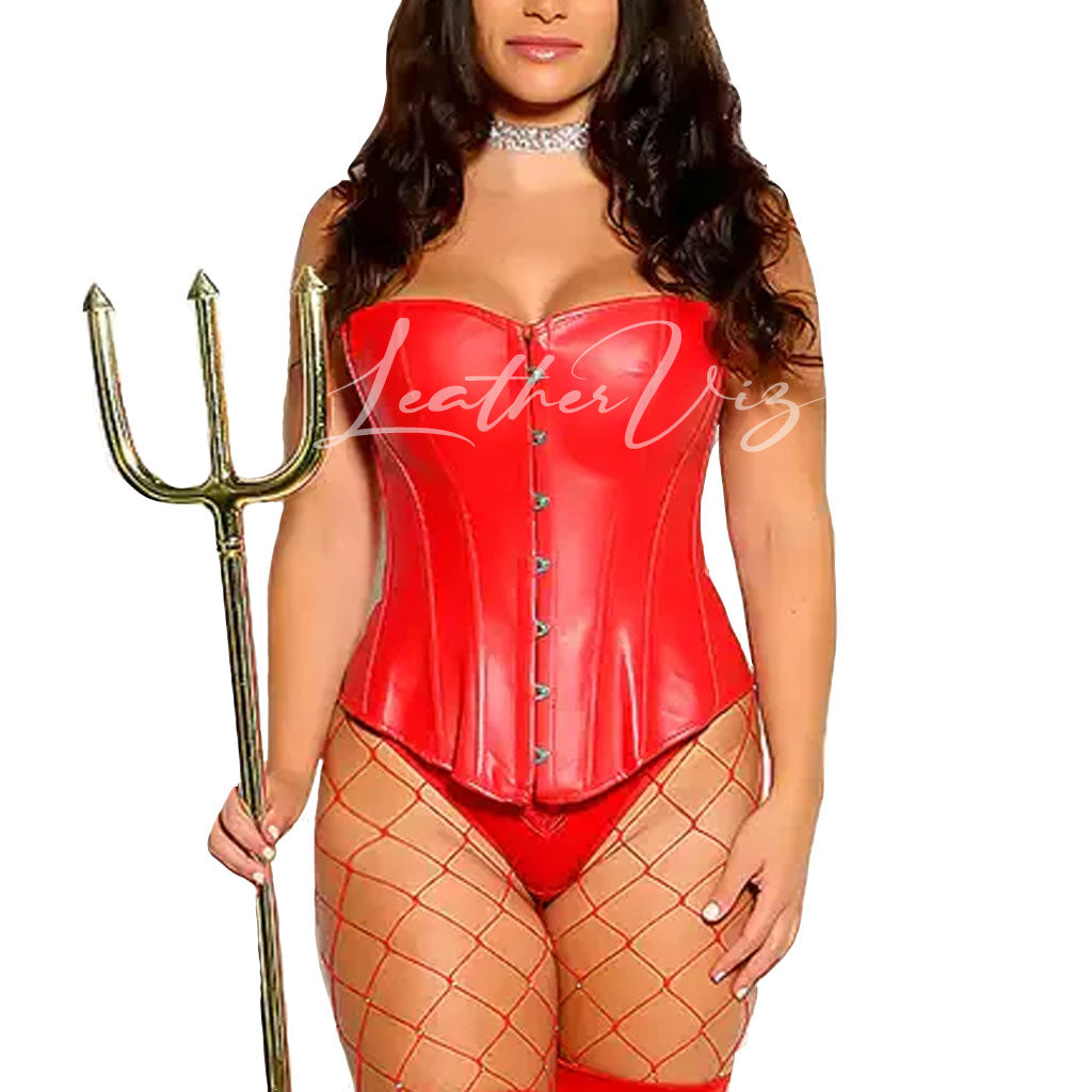 RED STRAPLESS FAUX LEATHER CORSET HALLOWEEN DEVIL COSTUME