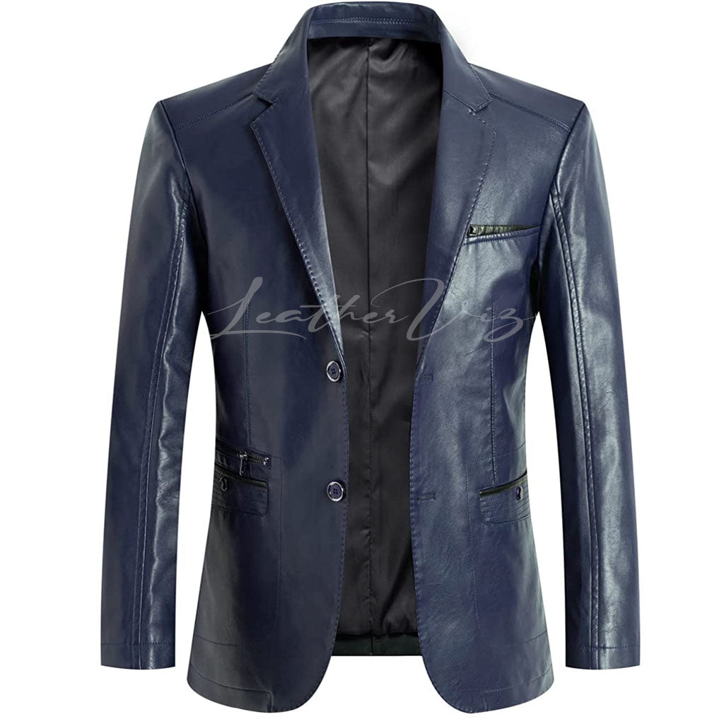 REGULAR FIT BUTTON DOWN MEN NAVY LEATHER BLAZER