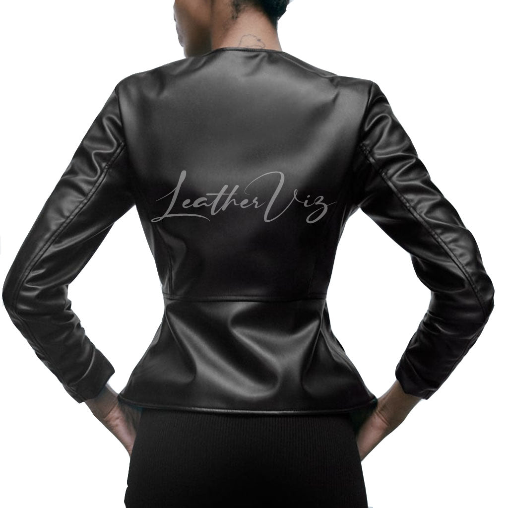 ROUND NECKLINE WOMEN BLACK  LEATHER JACKET