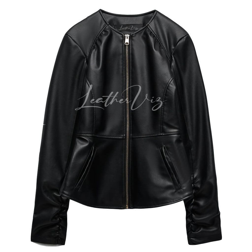 ROUND NECKLINE WOMEN BLACK  LEATHER JACKET