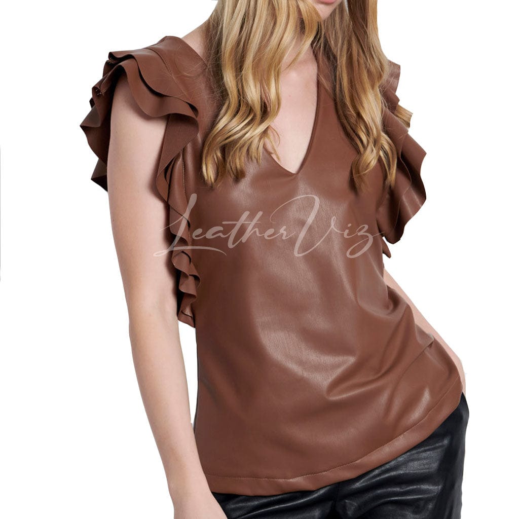 RUFFEL SLEEVES WOMEN LEATHER TOP