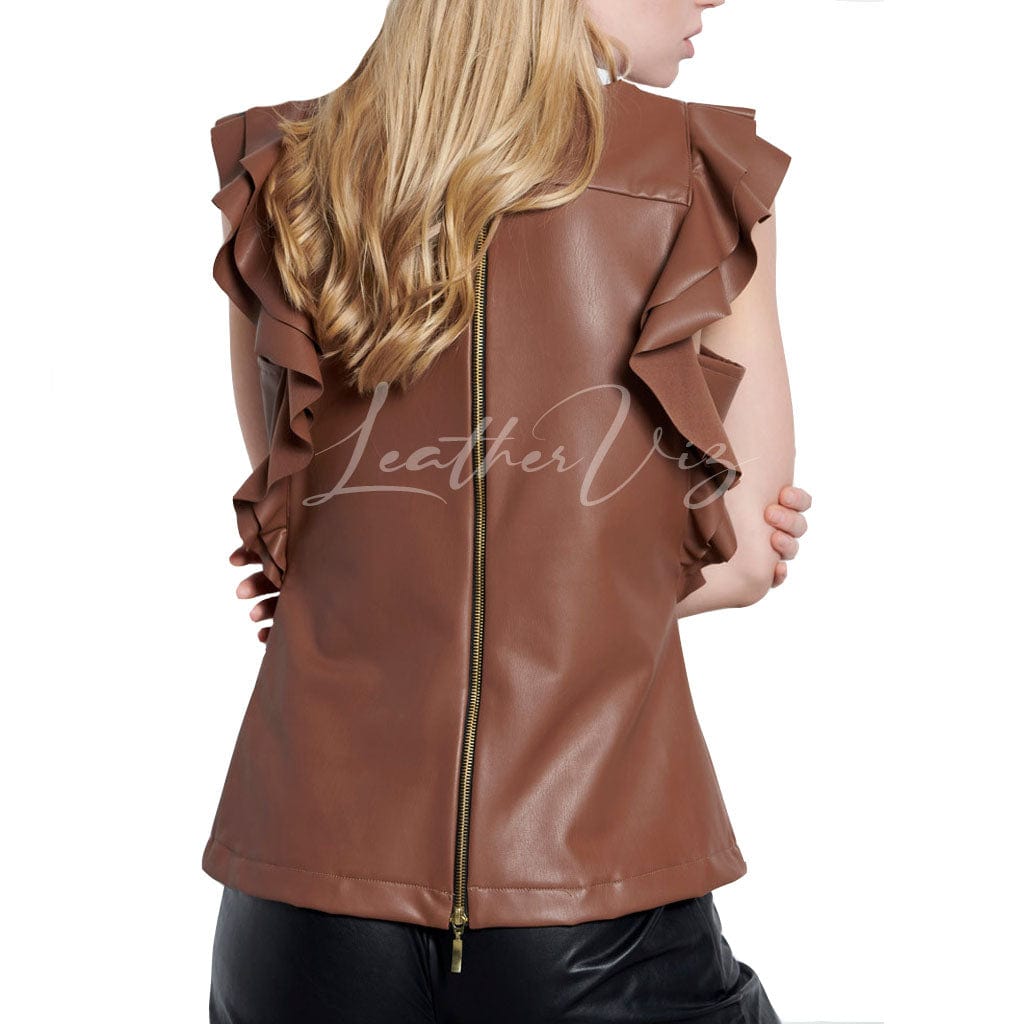 RUFFEL SLEEVES WOMEN LEATHER TOP