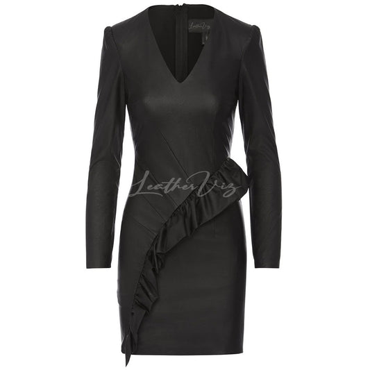 RUFFLED FAUX LEATHER PARTY DRESS FOR WOMEN