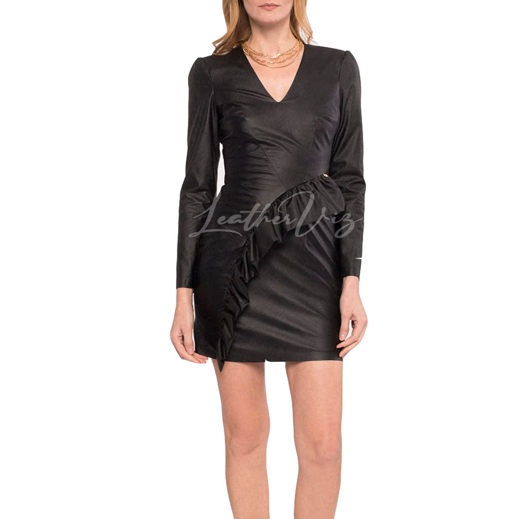 RUFFLED FAUX LEATHER PARTY DRESS FOR WOMEN