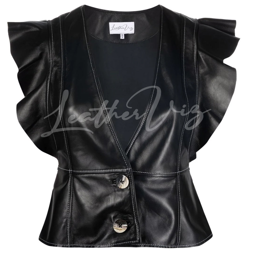 RUFFLED SLEEVES LEATHER BLOUSE FOR WOMEN