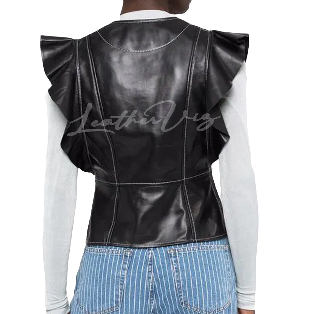 RUFFLED SLEEVES LEATHER BLOUSE FOR WOMEN