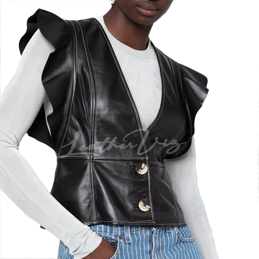 RUFFLED SLEEVES LEATHER BLOUSE FOR WOMEN