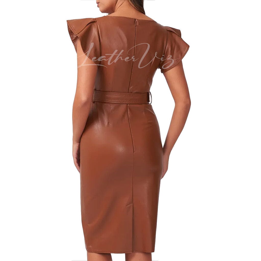 RUFFLE EDGE SHOULDERS WOMEN LEATHER DRESS