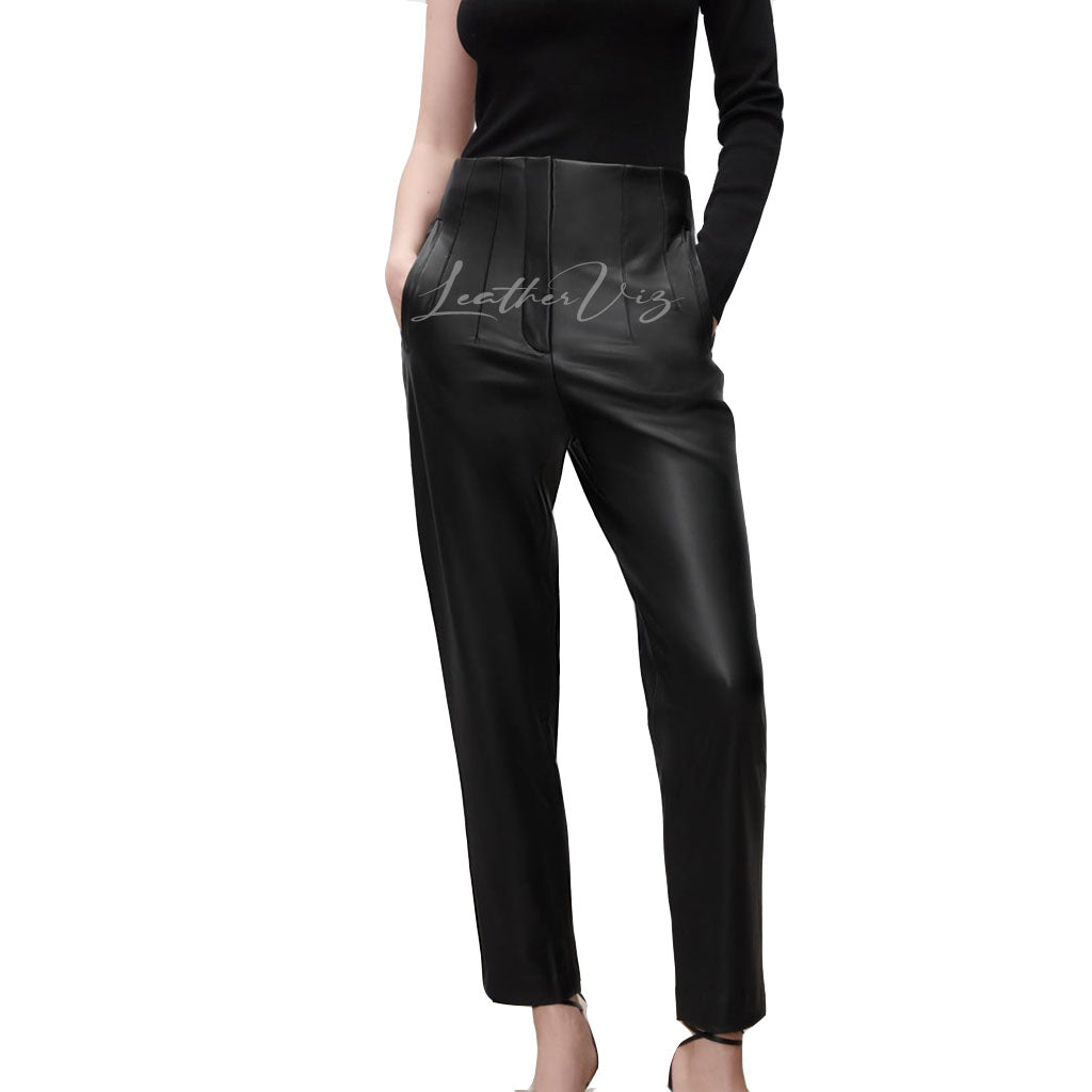 SEAMS DETAILING WOMEN LEATHER TROUSERS