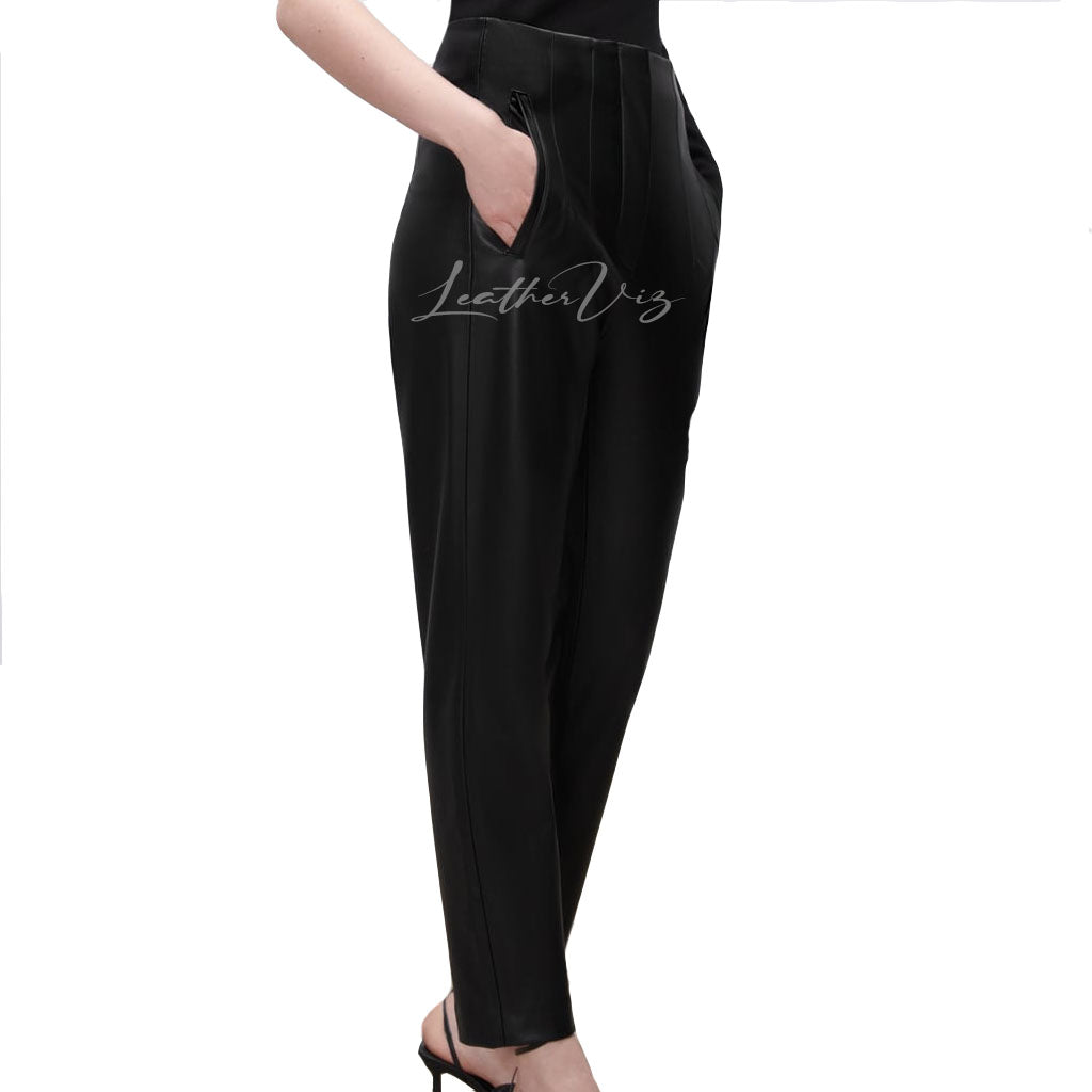 SEAMS DETAILING WOMEN LEATHER TROUSERS