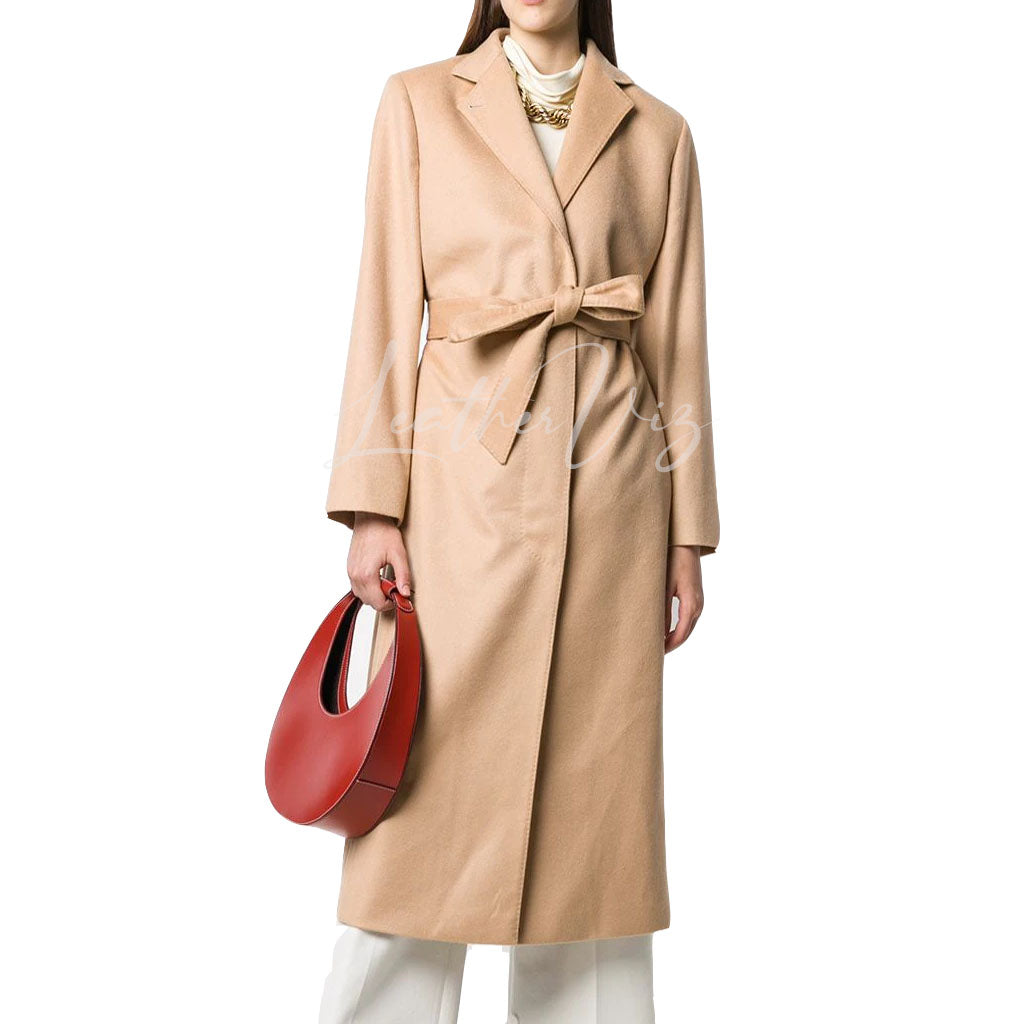 SELF TIE-WAIST SUEDE LEATHER TRENCH COAT FOR WOMEN