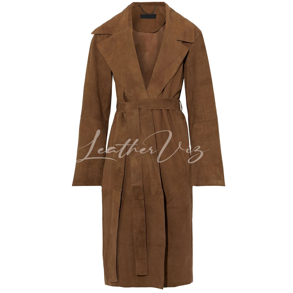 SELF TIE WOMEN SUEDE LEATHER TRENCH COAT