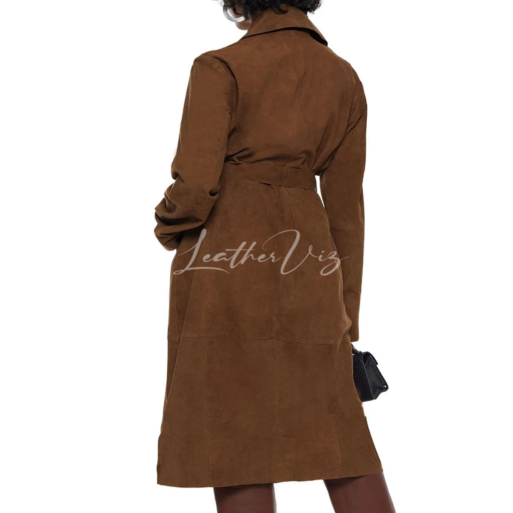 SELF TIE WOMEN SUEDE LEATHER TRENCH COAT