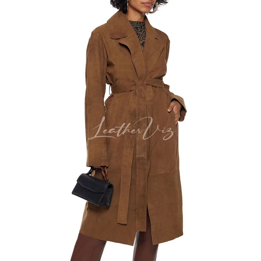 SELF TIE WOMEN SUEDE LEATHER TRENCH COAT