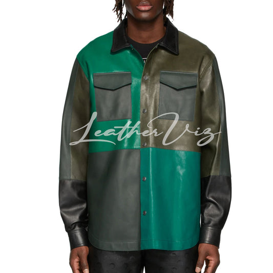 SHADES OF GREEN MEN COLORBLOCK LEATHER JACKET