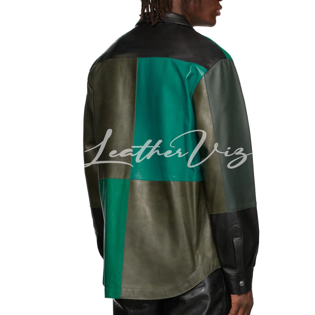 SHADES OF GREEN MEN COLORBLOCK LEATHER JACKET