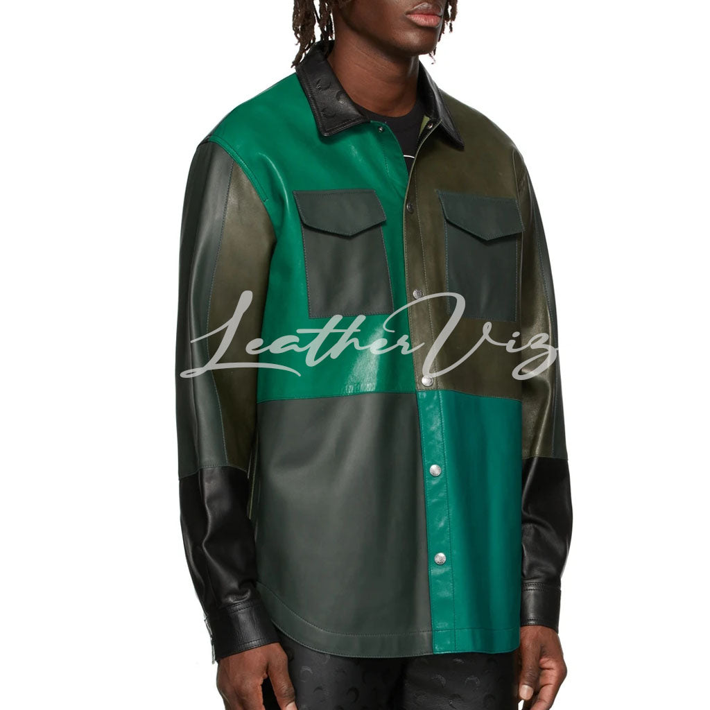 SHADES OF GREEN MEN COLORBLOCK LEATHER JACKET