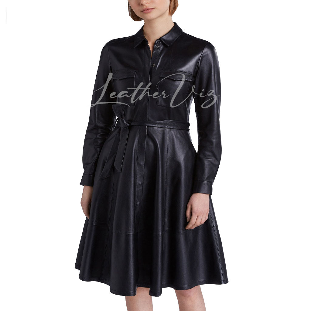 SHIRT STYLE A-LINIE FLARED LEATHER DRESS