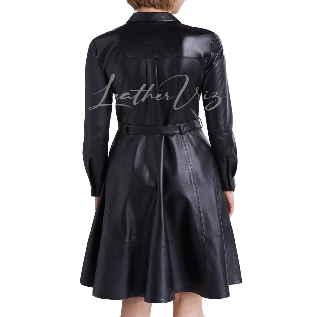 SHIRT STYLE A-LINIE FLARED LEATHER DRESS