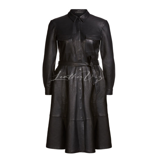 SHIRT STYLE A-LINIE FLARED LEATHER DRESS
