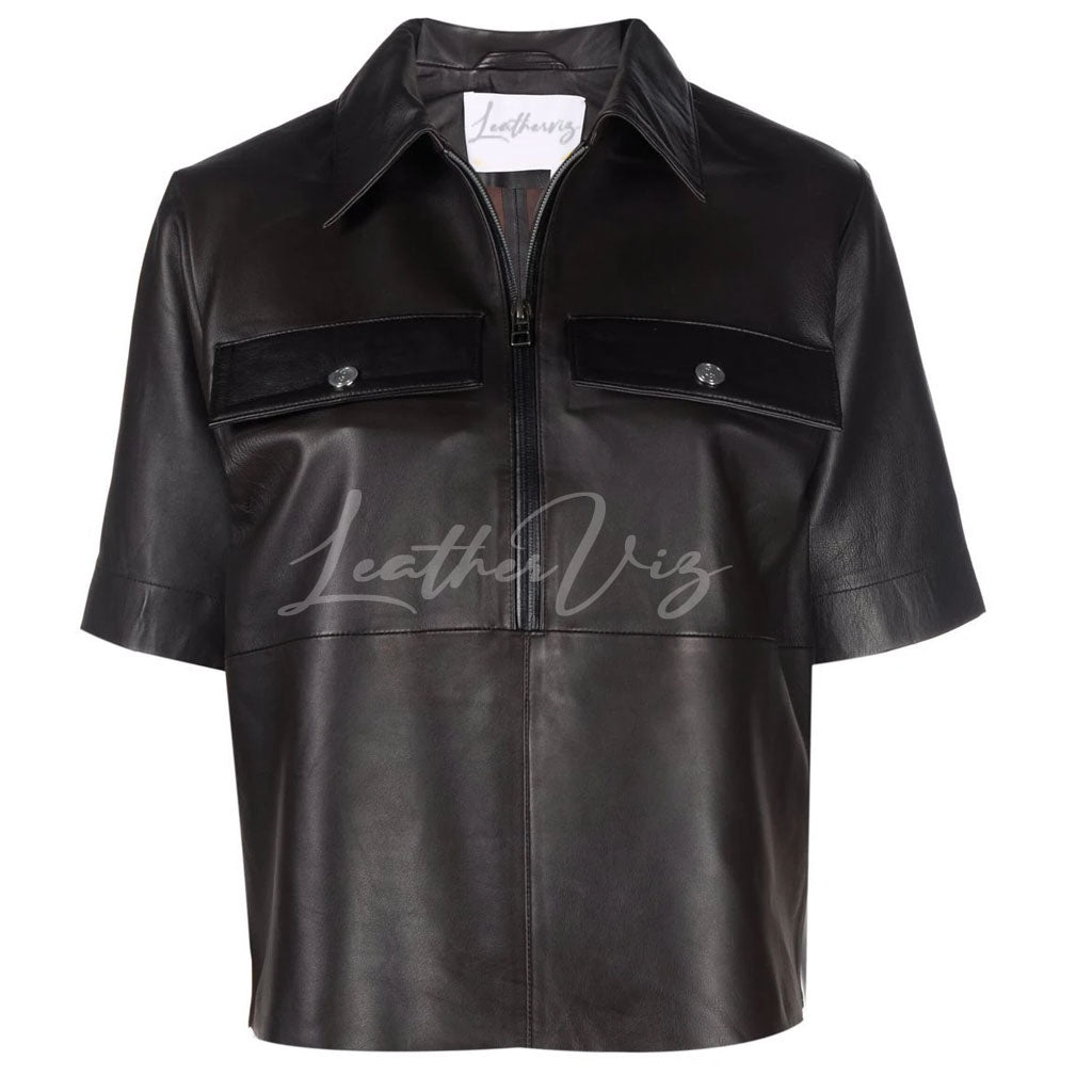 SHORT-SLEEVED TSHIRT LEATHER TOP