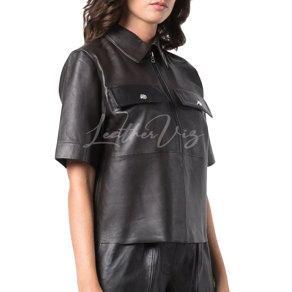 SHORT-SLEEVED TSHIRT LEATHER TOP