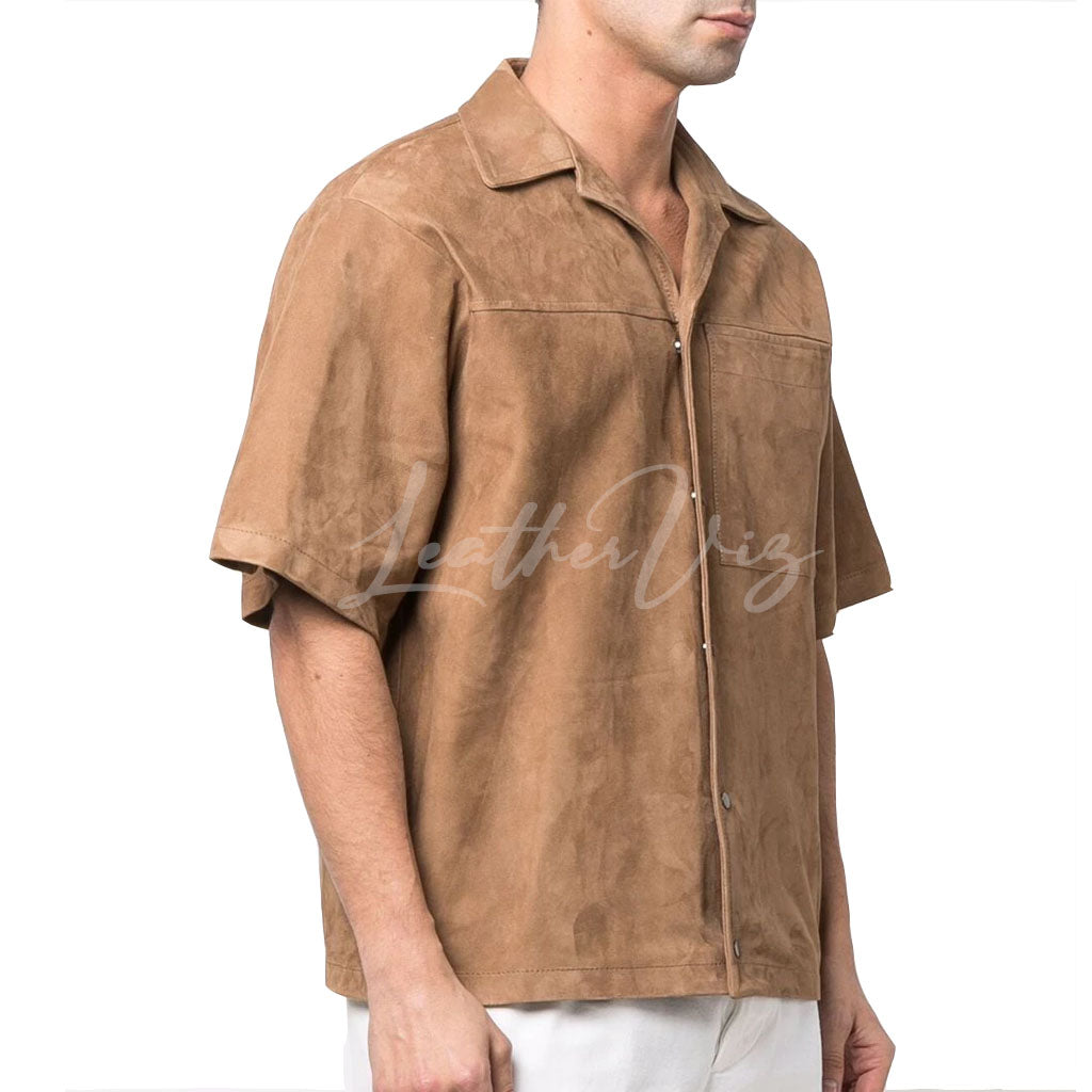 SHORT-SLEEVE MEN SUEDE LEATHER SHIRT