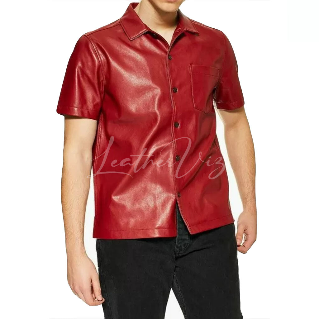 SHORT SLEEVES MEN RED LEATHER SHIRT