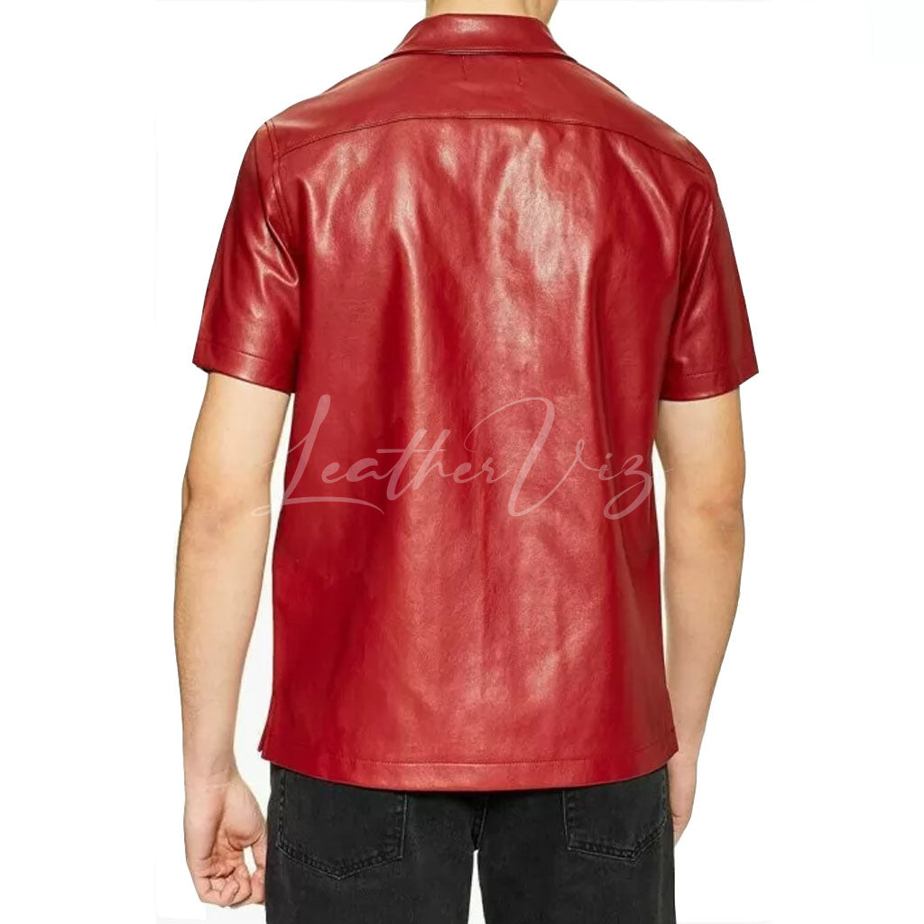 SHORT SLEEVES MEN RED LEATHER SHIRT