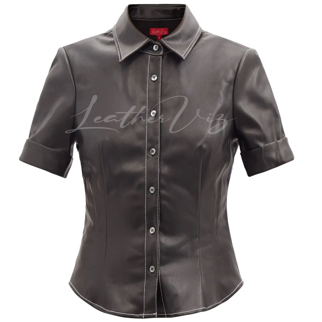 SHORT SLEEVES WOMEN BLACK LEATHER SHIRT