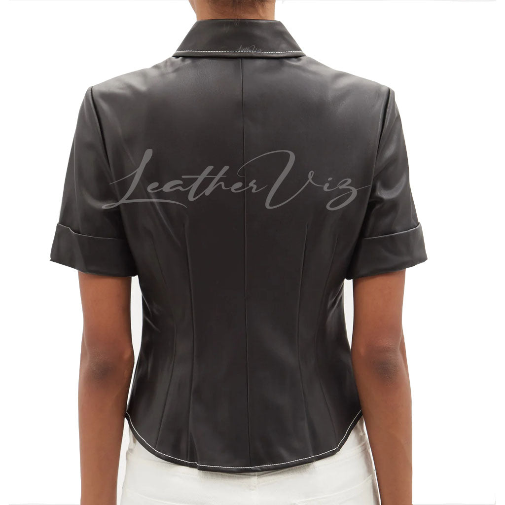 SHORT SLEEVES WOMEN BLACK LEATHER SHIRT